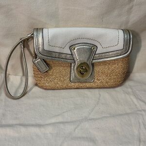 Coach White and Natural Straw Wristlet with Silver Trim raffia